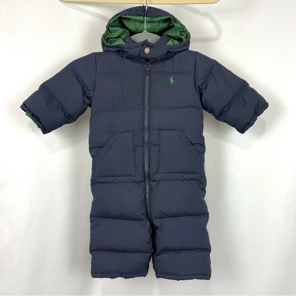 Polo Ralph Lauren Baby Sz 9 Months Feather Down Puffer Snowsuit Navy Blue /Green